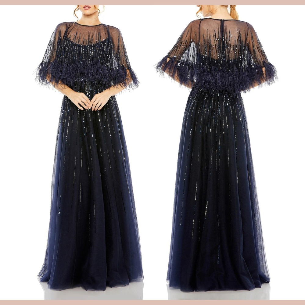 NWT MAC DUGGAL [ 10 ] 42098 Embellished A‎ Line Gown Feather Detail Cape J2391